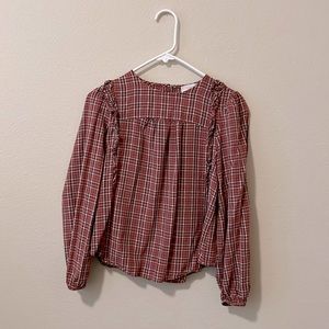 Loft Burnt orange plaid blouse with cute ruffle details!
